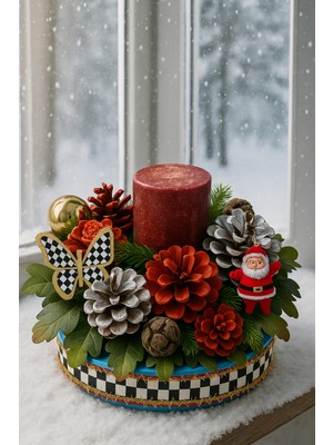 Kozalak ve Noel Babalı Yılbaşı Masası Süsleri, Kırmızı Renkli Şık Dekorasyon