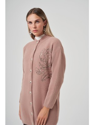 Nuss 7007 Önden Çıtçıtlı Pul Payet Çiçek Nakışlı Angora Hırka