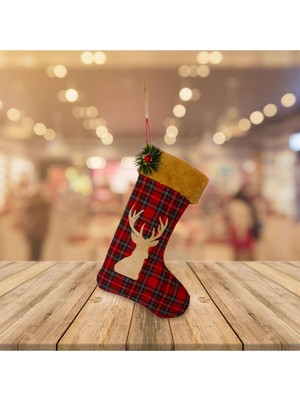 Kırmızı Yılbaşı Çorabı, Geyik Figürü, Ekose Süs, Noel Dekoru, Yeni Yıl Şömine Çorabı