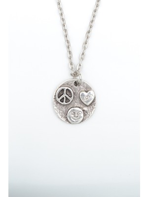 Alooya Barış Sembolü - Kalp -Gülen Surat Gümüş Kaplama Düz Zincir Kolye