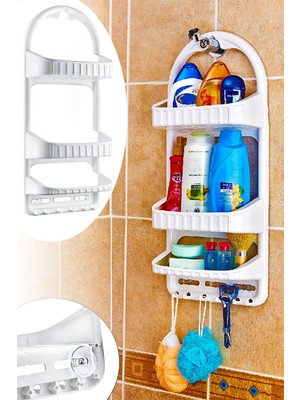3 Katlı Renkli Vantuzlu Banyo Köşe Duş Rafı ve Askı Seti