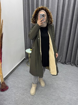 TUTveAL Collection Kadın Içi Kürklü Mont Uzun Kapitone Mont Kapüşonlu Büyük Beden Mont Haki-52