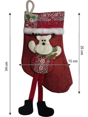 Çok Renkli Jüt Kumaş Ayaklı Geyik Figürlü Yılbaşı Hediye Çorabı 25X15 cm