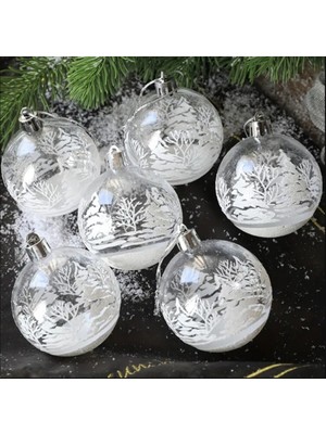 Beyaz 6'lı Noel Süsü Topu, Karlı Manzara Asılı Süsler, Ağaç Dekoru Seti