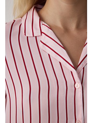 Penti Gül Kurusu Çizgili Gömlek Yaka Saten Pijama Takımı