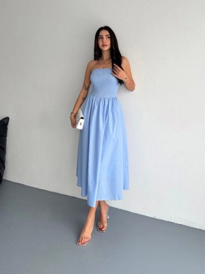 Etiler Collection Straplez Pileli Elbise - Açık Mavi