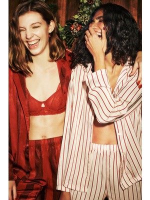 Penti Gül Kurusu Çizgili Gömlek Yaka Saten Pijama Takımı