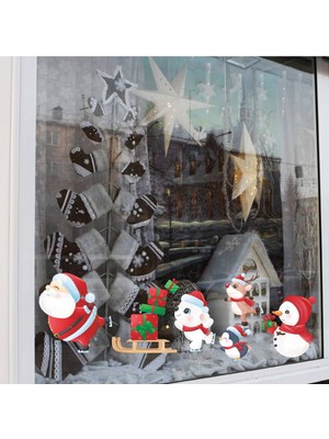 Kızaklı Noel Baba ve Arkadaşları Yılbaşı Süsü, Cam Duvar Sticker, Kırmızı Renk