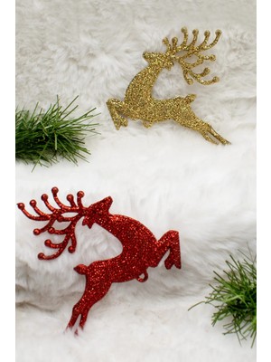 2'li Simli Geyik Kırmızı ve Altın Renkli Yılbaşı Süsü, 10CM, 2'li Paket