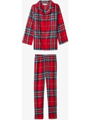 Penti Kırmızı Unisex Çocuk Dark Ekoseli Uzun Kollu Düğmeli Pamuklu Pijama Takımı