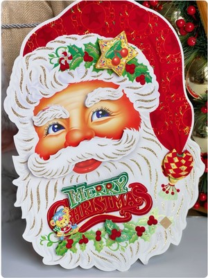 3D Noel Baba Poster, Yılbaşı Süsü, Kapı ve Duvar Dekoru, Simli ve Renkli