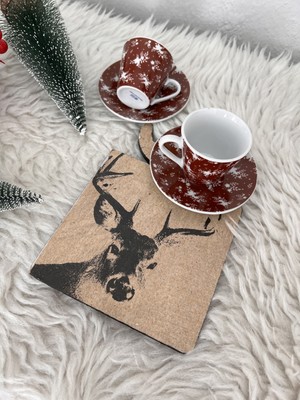 Kahverengi Yılbaşı Geyik Kahve Sunumluğu Ahşap Süs Noel Dekorasyonu
