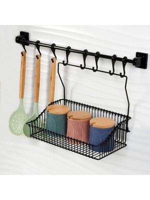 Güçlü Yapıştırmalı 8 Li Askı Rayı (55 Cm) 20X30 Ferforje Sepet Siyah