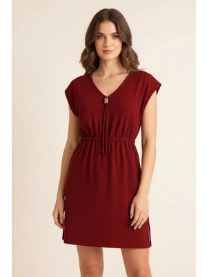 Marsilyan- Kadın Bordo Yanları Yırtmaçlı Tokalı V Yaka Mini Plaj Elbisesi