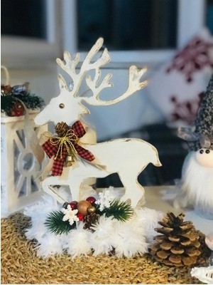 Beyaz Ahşap Ren Geyiği Yılbaşı Süsü, Dekoratif ve Şık Tasarım