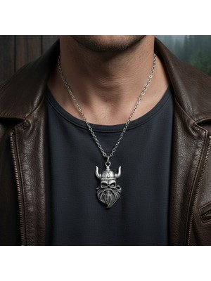 Alooya Viking Sakallı Kuru Kafa Gümüş Kaplama Düz Zincir Kolye