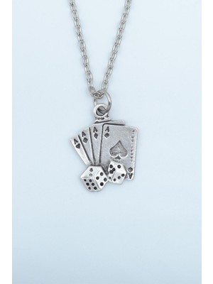 Alooya Maça As Poker İskambil - Zar Gümüş Kaplama Düz Zincir Kolye