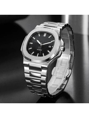 Goldwatches Çelik Kasa Kordon Siyah Kadran Erkek Kol Saati - Eşref Tek Patek Model, Fosforlu, Takvimli, Su Geçirmez, Kelebek Klips