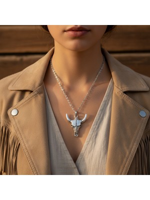 Alooya Antik Tılsım - Boğa Kuru Kafa Gümüş Kaplama Düz Zincir Kolye