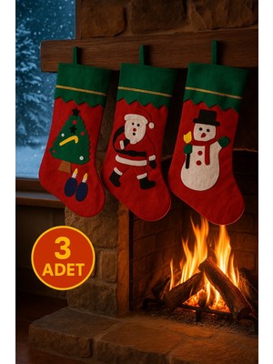 Renkli Keçeden Üçlü Yılbaşı Çorabı Seti, Noel Baba, Kardan Adam ve Ağaç Desenli Dekor