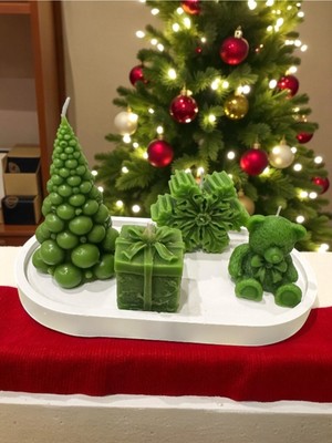 Yılbaşı Dekoratif Mum Seti, 5'li, Çam Ağacı, Ayıcık, Hediye Kutusu, Karton ve Tabak