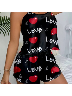 Aşk Temalı Kalp Desenli Siyah Saten Şortlu Gecelik Takım Siyah