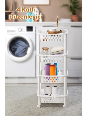 Dört Katlı Tekerlekli Çok Amaçlı Organizer Raf, Beyaz, Mutfak ve Banyo Düzenleyici