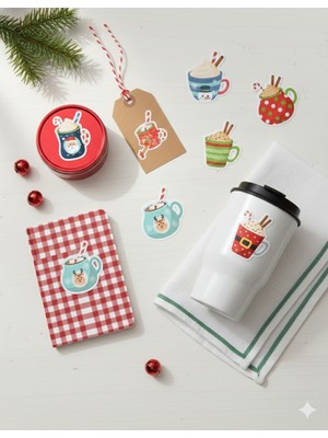 Renkli Noel ve Yılbaşı Kahve Çıkartma Seti, 10'lu, Dekoratif Kupa Figürlü Etiketler