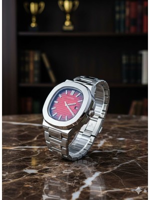 Goldwatches Patek Model Çelik Kasa Kordon Kırmızı Kadran Erkek Kol Saati - Eşref Tek Saati, Su Geçirmez, Kelebek Klipsli, Lüks Tasarım