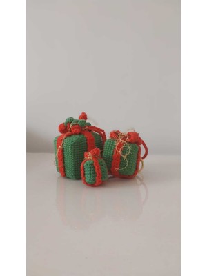Yeşil 3'lü Örgü Noel Ağacı Süsü Dekoratif Hediye Paketi