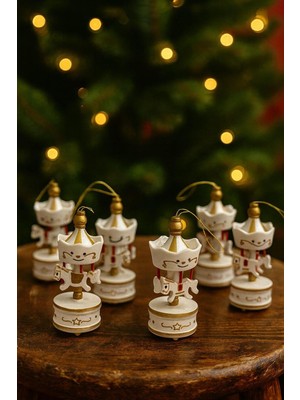 Altı Adet Ahşap Atlı Karınca Yılbaşı Süsü, Beyaz Renkli, Neşeli Dekorasyon.