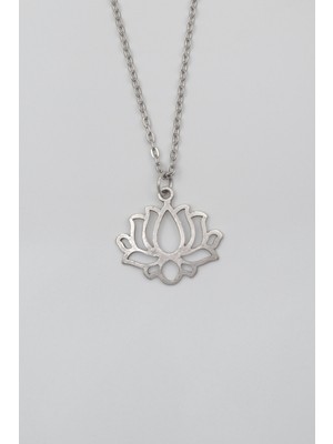 Alooya Lotus Çiçeği Düz Ezme Zincir Kolye - Antik Gümüş Kaplama - Kadın Erkek - 60 cm