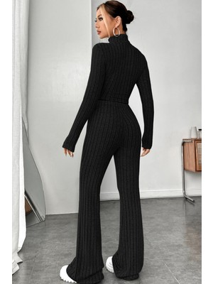 ALFA AKSESUAR 03 Kadın Siyah Boğazlı Crop Top ve Yüksek Bel Eşofman Takımı Spor Şık Kombin