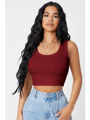İmoda Kadın Bordo Crop Top Bluz Kolsuz Normal Yaka Günlük Stil L - XL Beden