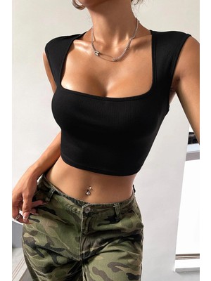 İmoda Kadın Siyah Kare Yaka Kolsuz Crop Top Bluz %11 Elastan Kalınlaşan Omuz Detaylarıyla