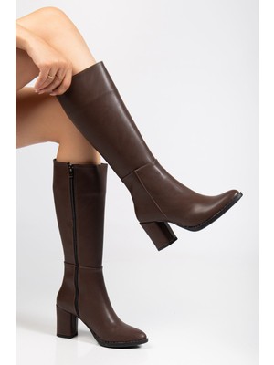 Zerenyus ZRİN-4422 Premium Sivri Burun Kahve Topuklu Fermuarlı Çizme