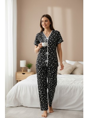 Cm Store Kadın Siyah Kalp Desenli Fiyonklu Kısa Kollu Uzun Pijama Takımı
