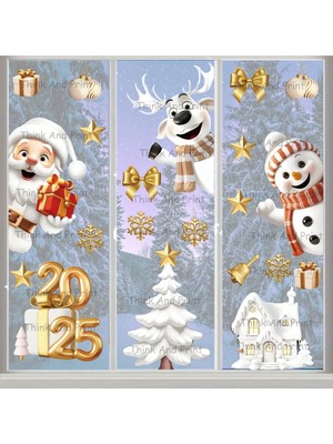 Yeni Yıl Süsü Çam Ağacı Altın Geyik Noel Baba Cam Duvar Sticker