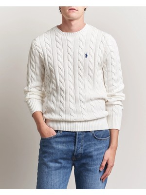 Polo Ralph Lauren Erkek Örgü Dokulu Beyaz Triko Kazak