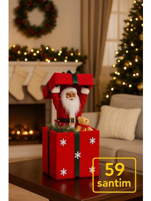 Toyfest Işıklı Noel Baba Figürlü 59 cm Büyük Dekoratif Hediye Kutusu Yılbaşı Süsleme Ürünü