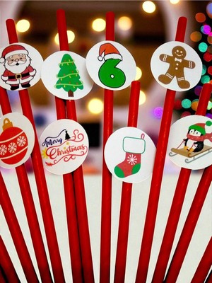 Yılbaşı Temalı Kırmızı Kağıt Pipet Seti, Noel Baba, Kardan Adam, Geyik ve Kurabiye Figürleri