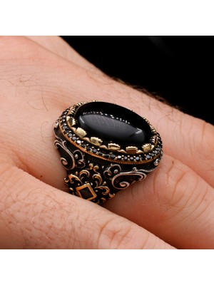 Mem Güney Silver Ağır Işçilikli Siyah Oniks Taşlı 925 Gümüş Erkek Yüzük