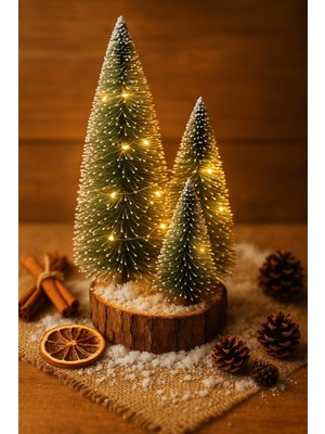 4’lü LED Işıklı Noel Çam Ağaçları Seti, Ahşap Kütük Üzerinde, 12-23 Cm, Yeşil