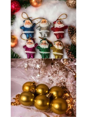 Altı Renkli 6 cm Simli Yılbaşı Topu Seti, Noel Baba ve Süslemeler