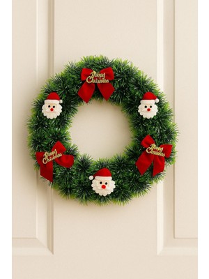 Neşeli Yılbaşı Kapı Süsü, Renkli Noel Baba ve Çelenk, 30 Cm, Kırmızı Kurdeleli