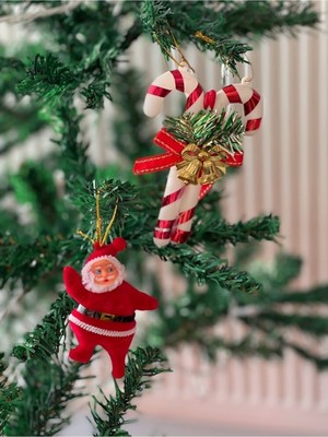 Kırmızı Yılbaşı Ağacı Süsü, Ikili Baston ve Noel Baba Figürü Seti