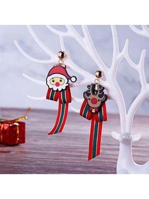 Kırmızı Gümüş Sevimli Geyik ve Noel Baba Fiyonklu Sarkıt Küpe