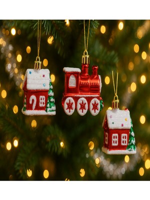 Renkli Tren ve Ev Figürleri 3'lü Yılbaşı Ağacı Süsü, Noel Dekoru, 6x8 cm