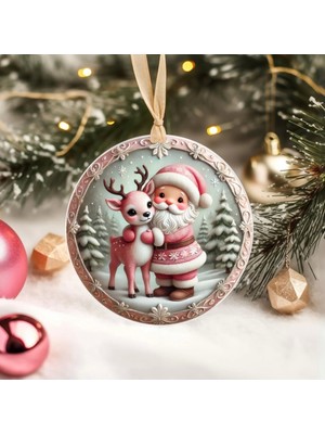 Yılbaşı Süsü, 3D Tasarım, Uv Baskı, Noel Baba ve Geyik Temalı, Turuncu Renkli