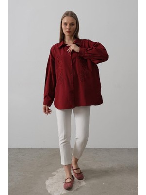 Etiler Collection Boncuk Nakış Detaylı Uzun Gömlek - Bordo